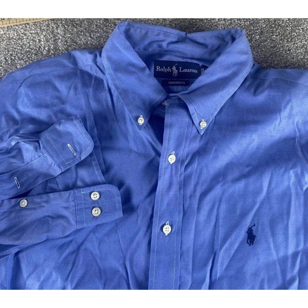 Polo Ralph Lauren Solid Blue Dress Shirt 16.5-34/35 Cotton Mens 2XLT Blue Pony